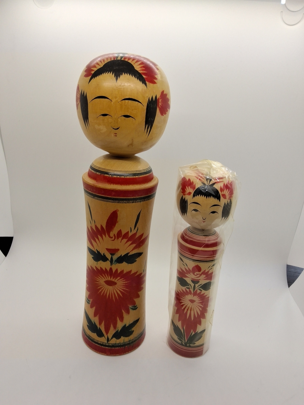 1950's 10 3/4" and 7.5" Vintage Two Kokeshi Dolls, Pair. Hand-Painted & Signed